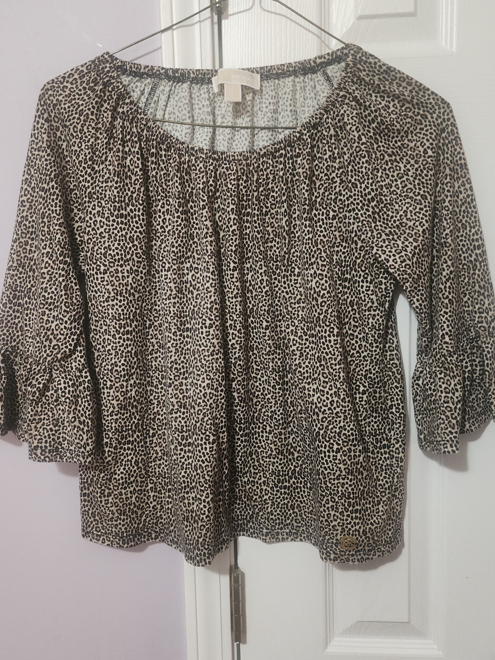 MICHAEL KORS Beige and Black Leopard-Print Peasant Top